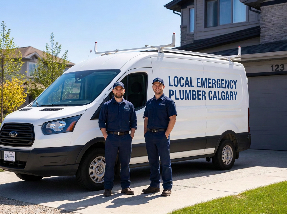 Local Emergency Plumber Calgary service van and technicians at a Calgary home